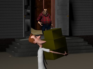 digitally generated 3d cartoon illustration of a delivery person carrying a stack of boxes
