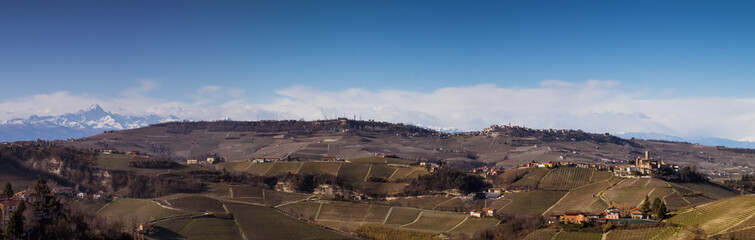 Panoramic view of Langhe vineyards in winter