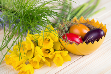 kompozycja z kolorowych pisanek i żonkili © DariuszO