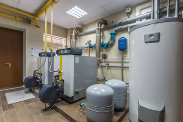 Fototapeta na wymiar Gas boilers in gas boiler room.