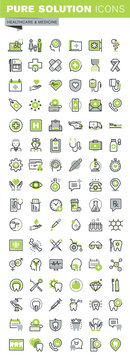 Thin line icons set of health care and medicine theme, online medical support, family health care, dental treatment, diagnosis and treatment, health insurance. Premium quality outline icon collection.
