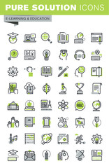Thin line icons set of distance education, online training and courses, cloud solutions for education, staff training, digital library, basic and elementary study. 