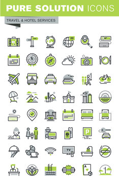 Thin line icons set of travel destination, hotel services, summer and winter vacation, booking, accommodation. Premium quality outline icon collection.