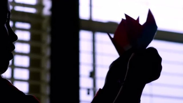 A girl holds up origami flowers she made to a window, silhouette
