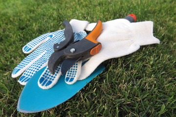Garden secateurs, garden scoop and working textile gloves on the mown lawn in the summer garden