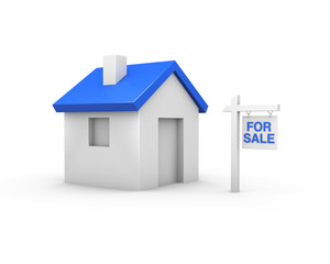 3D House For Sale - 3D House with blue roof and for sale sign.