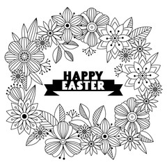Happy Easter card with spring flowers. Hand draw sketch, vector illustration