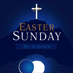 Easter sunday holy week calvary tomb card. Template invitation to an Easter Sunday service in the form of rolled away from the tomb stone on a background of Calvary with cross and text