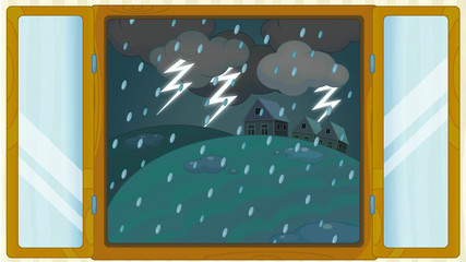 Cartoon scene with weather in the window - stormy - thunders - illustration for children
