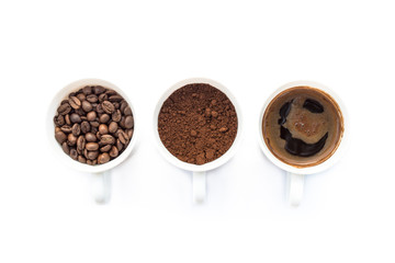 Three cups of different stages of preparing coffee
