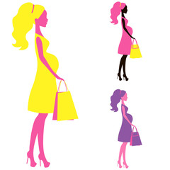 vector icon of Beautiful  pregnant women shopping belly lady silhouette, stylized symbol moms
