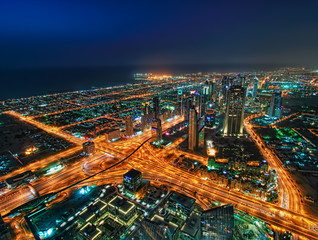 Fototapeta na wymiar Dubai downtown aerial view by night, Dubai, United Arab Emirates