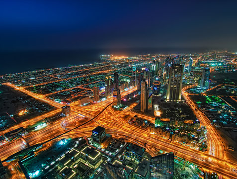 Dubai downtown aerial view by night, Dubai, United Arab Emirates