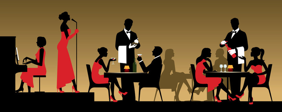 People in night club or restaurant sitting at a table Stock vect