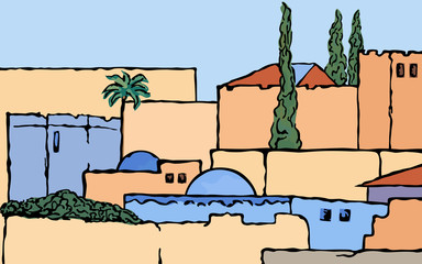 Cartoon drawing of a rural Middle Eastern village, illustration