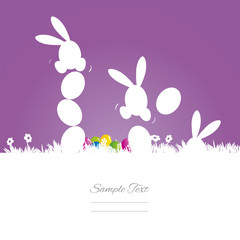 Rabbits play with eggs purple white background