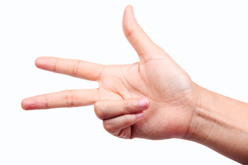 hand showing 3 sign isolated on white background.