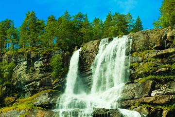 Fototapeta na wymiar Tvindefossen waterfall near Voss, Norway