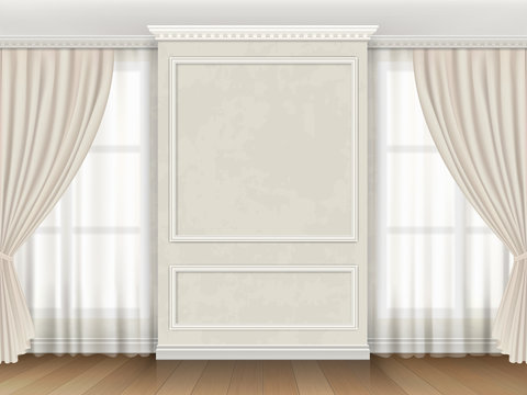 Classic interior with panel moldings and windows curtains. Realistic vector illustration.