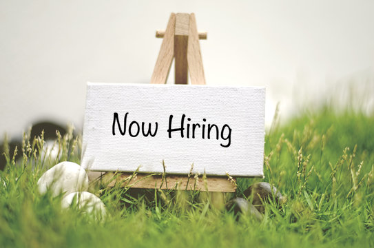 image concept white frame canvas on wooden tripod with word NOW HIRING. Blurred and soft focus background with green grass and white stone