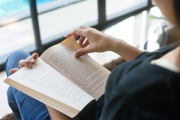 Charming woman reading a book sitting on a sofa in a living-room