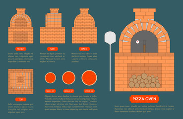 Pizza oven made from bricks with top, front, side, back view on blue background