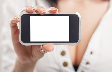Close-up of a girl hand showing a horizontal blank smartphone sc