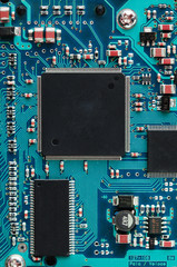 Closeup of electronic circuit board with processor