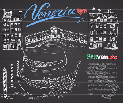 Venice Italy sketch elements. Hand drawn set with flag, map, gondolas, houses, market bridge. Lettering Venice, welcome in Italian. Drawing doodle collection and sampe text, on chalkboard