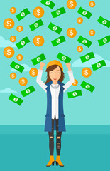 Happy woman with  flying money. 