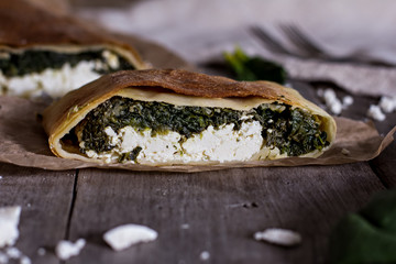 Pie or strudel with spinach and feta cheese