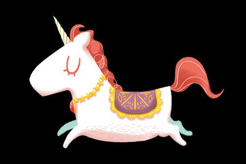 Creative Illustration and Innovative Art: Cute Unicorn White isolated on Background Black. Realistic Fantastic Cartoon Style Artwork Scene, Wallpaper, Story Background, Card Design   © info@nextmars.com