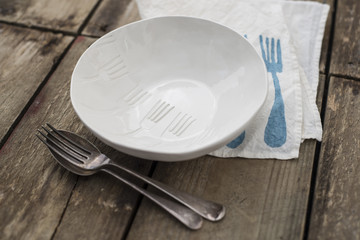 Empty White Soup Bowl with Engraved Fork Pattern Design