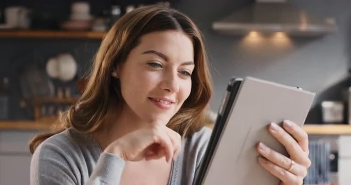 Beautiful Woman thinking and using internet on digital tablet at home lifestyle