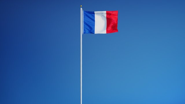 France flag waving in slow motion against clean blue sky, seamlessly looped, long shot, isolated on alpha channel with black and white luminance matte, perfect for film, news, digital composition