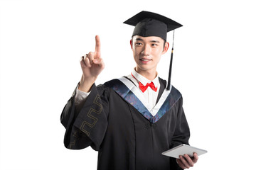 isolated asian young man with education gown