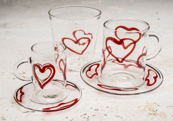 Set of Drinking Glassware with Red Hearts Design