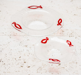 Pair of Crystal Ashtrays with Red Fish Design