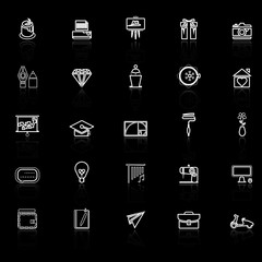 Art and creation line icons with reflect on black background