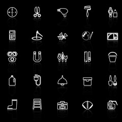 DIY tool line icons with reflect on black background