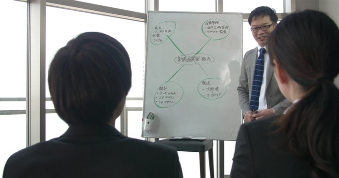 Japanese boss pumps up the team before a big meeting