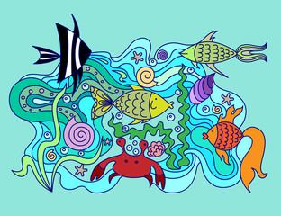 Рисунок дудл с набором морских животных и растений.