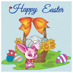 Hand drawn Happy easter vector pastel card with mysterious rabbit gentleman with bow and basket with eggs on meadow