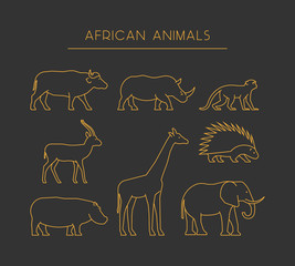 Vector line african animals. Gold silhouettes african animals.