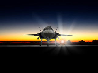 Fototapeta na wymiar F-35 modern stealth fighter sitting on the runway at dusk. Computer image.