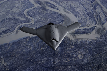 Unmanned Drone flying high over a city covered in snow and ice