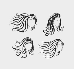 Female head silhouettes with beautiful hair. Silhouettes of beautiful womens heads with long hair