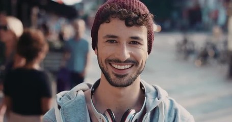 Slow Motion Portrait of happy cute caucasian man smiling - Powered by Adobe