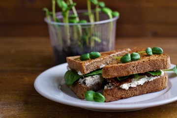 Delicious healthy vegetarian sandwich with cottage cheese,green sprouts. selective focus