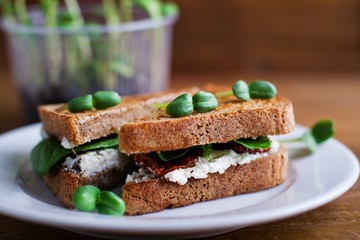 Delicious healthy vegetarian sandwich with cottage cheese,green sprouts.selective focus